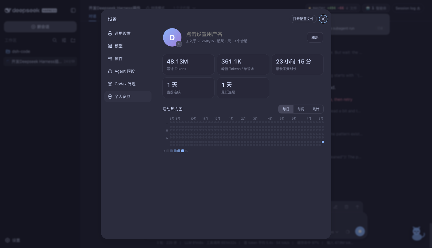 Token 用量统计和使用热力图 https://leafw-blog-pic.oss-cn-hangzhou.aliyuncs.com/posts/deepseek-harness-first-impressions/profile.png